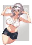  1girl alternate_costume bangs bare_shoulders black_shorts blush border breasts clothes_writing collarbone diadem green_eyes grey_background hands_up highres hololive kakage large_breasts looking_at_viewer navel shirogane_noel short_hair short_shorts shorts silver_hair smile thighs under_boob virtual_youtuber white_border 