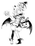  1girl :d ankle_boots belt blush boots bow double-breasted dress fang full_body gloves greyscale hair_bow halloween_bucket halloween_costume hand_up hat holding hota jack-o&#039;-lantern latina_(uchi_no_musume_no_tame_naraba) looking_at_viewer low_wings mismatched_gloves monochrome one_eye_closed open_mouth pigeon-toed pointy_footwear puffy_shorts pumpkin_on_head short_dress shorts simple_background single_thighhigh smile solo thigh-highs uchi_no_musume_no_tame_naraba_ore_wa_moshikashitara_maou_mo_taoseru_kamo_shirenai. vampire_costume white_background wings witch_hat 