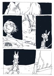  2girls animal_ears asahi_(uwa) bunny_tail eye_reflection hammer holding holding_hammer kishin_sagume legacy_of_lunatic_kingdom monochrome multiple_girls rabbit_ears reflection seiran_(touhou) tail touhou 