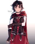  1girl anonamos belt_buckle black_choker brown_gloves brown_hair buckle cape choker closed_mouth dress fingerless_gloves flower gloves gradient gradient_background grey_background grey_eyes highres long_sleeves looking_at_viewer pinafore_dress red_cape red_dress rose ruby_rose rwby shiny shiny_hair shirt short_hair smile solo standing twitter_username white_flower white_rose white_shirt 