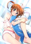  1girl bangs blue_eyes blush bow bow_panties brown_hair camisole closed_mouth commentary_request crotch_seam day dutch_angle eyebrows_visible_through_hair hair_ribbon highres holding holding_stuffed_toy ikea_shark indoors knee_up leg_hug looking_at_viewer lyrical_nanoha mahou_shoujo_lyrical_nanoha midriff miyajima_hitoshi navel on_bed panties pink_camisole pink_panties pink_shirt ribbon shirt short_hair sitting smile solo strap_slip stuffed_animal stuffed_shark stuffed_toy sunlight takamachi_nanoha twintails underwear underwear_only white_ribbon window 