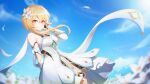  1girl arm_at_side arm_behind_back bangs bare_shoulders blonde_hair blue_sky blurry_foreground blush breasts commentary_request day detached_sleeves dress field flower flower_field genshin_impact grin hair_between_eyes hair_flower hair_ornament hand_in_hair hand_up highres long_hair looking_at_viewer lumine_(genshin_impact) medium_breasts nani_(goodrich) petals ribbon sky smile solo white_dress white_flower white_ribbon wind yellow_eyes 