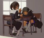  2girls black_hair chair commentary desk glasses kneehighs multiple_girls one_eye_closed original ponytail school_chair school_desk school_uniform serafuku shoes shorts shorts_under_skirt single_shoe sitting slippers slippers_removed tessaku_ro white_legwear 