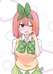  1girl ;d bangs blue_eyes blush bow breasts collared_shirt commentary_request eyebrows_behind_hair go-toubun_no_hanayome green_bow green_ribbon green_skirt hair_between_eyes hair_ribbon hand_up highres kujou_karasuma looking_at_viewer medium_breasts nakano_yotsuba one_eye_closed open_mouth orange_hair pleated_skirt pointing pointing_at_self ribbon shirt short_sleeves signature skirt smile solo sweater_vest white_background white_shirt 