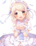  1girl :d ahoge blonde_hair blush brown_eyes dress eyebrows_visible_through_hair flower frilled_dress frills green_eyes hair_flower hair_ornament hairband headdress highres idolmaster idolmaster_cinderella_girls kazane_mari lolita_hairband looking_at_viewer medium_hair open_mouth petticoat pinafore_dress short_twintails sidelocks simple_background smile solo standing twintails upper_body white_background white_dress wrist_cuffs wristband yusa_kozue 