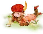  1girl baby brown_hair chin_rest chocobo final_fantasy final_fantasy_xiv flower grass hat hat_feather jewelry lalafell muraicchi_(momocchi) necklace outdoors pink_eyes pink_flower pink_shirt pointy_ears red_footwear red_headwear shirt tataru_taru white_background white_flower yellow_feathers 