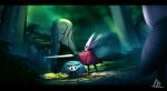  00kaiser 2others cape cracked_mask grass highres hollow_knight hornet_(hollow_knight) impaled knight_(hollow_knight) lance leaf lying multiple_others no_humans polearm red_cape rock shell signature standing tree weapon 