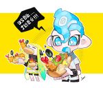  1boy 1girl blue_eyes blue_hair breasts btmr_game closed_eyes domino_mask drooling eating food green_hair headphones holding holding_food inkling inkling_(language) jacket long_hair long_sleeves mask octoling open_mouth shirt short_sleeves signature speech_bubble splatoon_(series) splatoon_2 two-tone_background white_shirt 