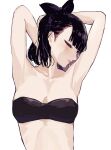  1girl armpits arms_up bangs bare_arms bare_shoulders black_bra black_hair black_ribbon bra breasts closed_eyes closed_mouth collarbone commentary_request hair_ribbon highres minyom original ribbon simple_background small_breasts solo underwear upper_body white_background 
