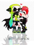  1boy 1girl backpack bag bangs black_cape black_legwear btmr_game cape closed_eyes copyright_name domino_mask green_hair headphones heart hug inkling jacket long_sleeves mask octoling open_mouth pointy_ears redhead signature simple_background smile splatoon_(series) splatoon_2 splatoon_2:_octo_expansion standing striped striped_background tentacle_hair thigh-highs 