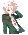  1boy closed_mouth commentary_request cropped_torso dangan_ronpa green_jacket grey_eyes hair_between_eyes hair_over_one_eye hand_in_hair hand_up highres hood hood_down hoodie jacket komaeda_nagito long_sleeves looking_at_viewer male_focus medium_hair messy_hair midou_(grk12138) open_clothes open_jacket print_shirt shirt simple_background smile solo super_dangan_ronpa_2 upper_body white_background white_hair 