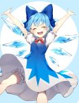  1girl arms_up bloomers blue_bow blue_dress blue_hair bow cirno closed_eyes collared_shirt commentary_request dress feet_out_of_frame flat_chest hair_bow highres jill_07km light_blue_background neck_ribbon open_mouth puffy_short_sleeves puffy_sleeves red_ribbon ribbon shirt short_hair short_sleeves simple_background smile solo touhou two-tone_background underwear upper_teeth v-shaped_eyebrows white_background white_shirt 