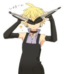  1boy apron bass_clef black_apron blonde_hair collar covering_eyes d_futagosaikyou elbow_gloves facing_viewer gloves holding kagamine_len male_focus smile sparkle spiky_hair tongs upper_body vocaloid vocaloid_append white_background 