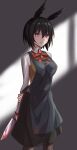  1girl apron black_apron black_hair black_skirt blood bloody_knife bow breasts brown_vest commentary_request elfenlied22 fate/grand_order fate_(series) hair_between_eyes head_wings highres holding holding_knife kitchen_knife knife large_breasts ortlinde_(fate/grand_order) red_bow red_eyes red_neckwear shadow shirt short_hair skirt solo striped striped_bow valkyrie_(fate/grand_order) vest white_shirt yandere 
