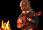  1girl acoustic_guitar bangs black_background blue_hoodie blunt_bangs blush campfire cinders closed_eyes drawstring fire gawr_gura guitar hair_ornament hololive hololive_english hood hood_down hoodie instrument laughing long_hair multicolored_hair music night ostin0127 playing_instrument rock shark_hair_ornament sharp_teeth simple_background sitting smile solo streaked_hair teeth two_side_up virtual_youtuber white_hair 