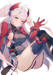  1girl amano_hagoromo ass azur_lane breasts double-breasted garter_straps gloves headgear highres large_breasts long_hair looking_at_viewer mole mole_on_breast multicolored_hair panties pantyshot prinz_eugen_(azur_lane) red_gloves redhead sideboob silver_hair simple_background solo two-tone_hair underwear very_long_hair white_background yellow_eyes 