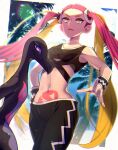  1girl black_pants blonde_hair blurry breasts commentary_request eyeshadow floating_hair gen_7_pokemon half-closed_eyes hand_on_hip jewelry karakurenai4920 long_hair looking_at_viewer makeup midriff multicolored_hair navel necklace open_mouth pants pink_hair plumeria_(pokemon) pokemon pokemon_(creature) pokemon_(game) pokemon_sm quad_tails salazzle sleeveless spread_fingers stomach_tattoo tattoo team_skull two-tone_hair very_long_hair wristband yellow_eyes 