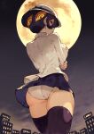  1girl ass back black_bow black_hair black_legwear blue_skirt bow building city clouds eyes filia_(skullgirls) fingernails hair_between_eyes hat hat_bow highres kureta_(nikogori) looking_back moon outdoors panties parted_lips red_eyes samson_(skullgirls) skirt skullgirls sky thigh-highs underwear white_headwear white_panties yellow_eyes yellow_moon 