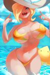  1girl absurdres bikini blonde_hair blue_eyes breasts clouds commentary curvy hair_over_one_eye hat highres large_breasts lipstick long_hair looking_at_viewer luma_(mario) makeup super_mario_bros. milkriot rosalina sky smile solo super_mario_bros. super_mario_galaxy swimsuit teeth thick_thighs thighs water wide_hips yellow_bikini 