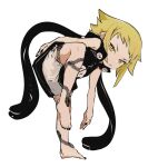  1girl bent_over black_nails black_shirt blonde_hair commentary ddari english_commentary fingernails highres looking_at_viewer medusa_gorgon nail_polish parted_lips shirt short_hair shorts simple_background slit_pupils snake snake_tattoo solo soul_eater standing standing_on_one_leg tattoo toenail_polish toenails white_background white_shorts yellow_eyes 