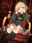  1girl :d absurdres armchair bangs black_bow black_ribbon blonde_hair blush bow cabbie_hat chair commentary_request dress dutch_angle eyebrows_visible_through_hair fate/grand_order fate_(series) frilled_dress frills green_dress green_headwear green_legwear hands_up hat head_tilt highres kneehighs long_sleeves looking_at_viewer lord_el-melloi_ii_case_files on_chair open_mouth pom_pom_(clothes) reines_el-melloi_archisorte ribbon short_hair sitting sleeves_past_wrists smile solo tilted_headwear wide_sleeves younger yuuuuu 