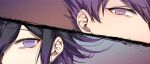  2boys bangs black_hair close-up commentary_request dangan_ronpa eyes gradient gradient_background grey_background highres looking_at_viewer male_focus momota_kaito multicolored_hair multiple_boys nanin new_dangan_ronpa_v3 ouma_kokichi purple_hair spiky_hair split_screen two-tone_hair violet_eyes 