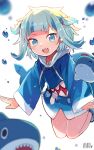  1girl :d animal_costume bangs bloop_(gawr_gura) blue_eyes blue_hair blue_hoodie blunt_bangs fish_tail gawr_gura hair_ornament highres hololive hololive_english hood hoodie light_blush looking_at_viewer multicolored_hair namo_(goodbyetears) open_mouth shark_costume shark_girl shark_hair_ornament shark_tail sharp_teeth short_hair signature silver_hair sleeves_past_wrists smile solo streaked_hair tail teeth two_side_up v-shaped_eyebrows virtual_youtuber water_drop white_background wide_sleeves 
