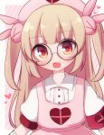 &gt;_&lt; 1girl :d apron armband bangs black-framed_eyewear blush bunny_hair_ornament center_frills collared_shirt commentary_request diagonal_stripes fang frills glasses hair_ornament hat heart highres light_brown_hair long_hair looking_at_viewer natori_sana nurse_cap open_mouth pink_apron pink_headwear puffy_short_sleeves puffy_sleeves rabbit_hair_ornament red_eyes rensei round_eyewear sana_channel shirt short_sleeves smile solo striped striped_background two_side_up upper_body very_long_hair virtual_youtuber white_shirt white_skirt