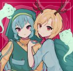  2girls antlers apron aqua_hair bangs blue_shirt commentary drop_shadow english_commentary green_headwear hand_on_another&#039;s_shoulder haniyasushin_keiki harukim_(kimharu606) head_scarf highres kicchou_yachie long_hair looking_at_viewer looking_back magatama_necklace multiple_girls open_mouth otter_spirit_(touhou) puffy_sleeves red_background red_eyes shirt short_hair touhou turtle_shell upper_body violet_eyes yellow_shirt 