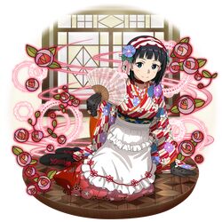  1girl alternate_costume apron black_eyes black_footwear black_gloves black_hair blue_flower blush choker closed_mouth fan flower full_body gloves hair_flower hair_ornament headdress highres holding holding_fan japanese_clothes kimono kirigaya_suguha long_sleeves looking_at_viewer official_art print_kimono red_choker shiny shiny_hair short_hair sitting smile solo sword_art_online sword_art_online:_memory_defrag transparent_background waist_apron white_apron 