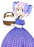  1girl :d basket black_neckwear black_ribbon blue_dress blue_eyes blush bow bread collared_shirt dot_nose dress food gradient_dress highres holding holding_basket hota latina_(uchi_no_musume_no_tame_naraba) long_sleeves looking_at_viewer medium_hair neck_ribbon open_mouth pink_hair puffy_short_sleeves puffy_sleeves purple_bow purple_dress ribbon shirt short_sleeves simple_background smile solo uchi_no_musume_no_tame_naraba_ore_wa_moshikashitara_maou_mo_taoseru_kamo_shirenai. white_background white_shirt wing_collar 