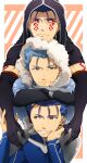  3boys angry armor blue_hair bodypaint capelet chin_rest closed_mouth crossed_arms cu_chulainn_(fate)_(all) cu_chulainn_alter_(fate/grand_order) dark_persona earrings elbow_gloves facepaint fang fangs fate/grand_order fate/stay_night fate_(series) frown fuji121 fur fur-trimmed_hood fur_trim gloves grin highres hood hood_up hooded_capelet jewelry lancer looking_at_viewer looking_to_the_side male_focus multiple_boys multiple_persona pauldrons red_eyes shoulder_armor skin_tight smile spiky_hair type-moon 