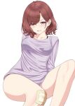  1girl bandaid bandaid_on_knee bare_legs blush brown_hair commentary_request hair_ornament hairclip highres higuchi_madoka idolmaster idolmaster_shiny_colors knee_up long_sleeves looking_at_viewer mole mole_under_eye purple_shirt ryouta_(ryouta335) shirt short_hair sitting solo thighs violet_eyes white_background 