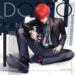  1boy artist_name bangs black_footwear black_pants blue_eyes blue_hair blue_neckwear btmr_game character_name english_text formal grin hair_over_one_eye holding hypnosis_mic id_card jacket kannonzaka_doppo lanyard long_sleeves male_focus multicolored_hair necktie pants redhead sitting smile solo suit 