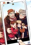  1girl 3boys ;d brown_eyes brown_hair cellphone dipper_pines facial_hair glasses gravity_falls grey_hair hairband hand_on_another&#039;s_shoulder hat heart jacket mabel_pines multiple_boys old_man one_eye_closed open_mouth phone skirt smartphone smile stanford_pines stanley_pines stubble sweater turtleneck turtleneck_sweater vest yway1101 