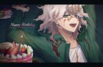  1boy :d absurdres aji_kosugi arm_up bangs blood blue_eyes blurry blurry_background blurry_foreground cake candle chain character_name collarbone commentary_request dangan_ronpa_(series) dangan_ronpa_2:_goodbye_despair depth_of_field fire flame food fork green_jacket grey_hair happy_birthday highres hood jacket komaeda_nagito letterboxed male_focus messy_hair open_clothes open_jacket open_mouth print_shirt shirt smile solo upper_body upper_teeth white_hair 