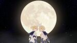  1boy 1girl arm_warmers bangs bare_shoulders belt black_collar black_shorts blonde_hair blue_eyes bow collar commentary crop_top from_behind full_moon hair_bow hair_ornament hairclip kagamine_len kagamine_rin looking_at_viewer looking_back moon neckerchief necktie night night_sky sailor_collar school_uniform shirt short_hair short_ponytail short_sleeves shorts shoulder_tattoo sky sleeveless sleeveless_shirt smile standing star_(sky) starry_sky swept_bangs tattoo upper_body vocaloid white_bow white_shirt yellow_neckwear yu_uxx 