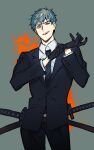  1boy adjusting_clothes adjusting_gloves black_gloves black_jacket blue_background blue_hair blue_neckwear fate/grand_order fate_(series) formal gloves highres jacket katana long_sleeves male_focus necktie oimo_(14sainobba) open_mouth orange_eyes paint_splatter pants saitou_hajime_(fate) sheath sheathed shirt simple_background solo suit sword weapon white_shirt 