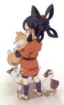  1girl animal animal_hug bird black_eyes black_hair blush cat dog duck from_behind full_body hair_bun hair_rings hair_tubes holding holding_animal holding_dog japanese_clothes long_hair mattaku_mousuke open_mouth sakuna-hime sandals simple_background smile solo standing tensui_no_sakuna-hime twitter_username 