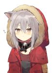  1girl absurdres animal_ears arknights blush commentary_request fur_trim grey_hair highres hood hood_up hooded_jacket jacket looking_to_the_side pout projekt_red_(arknights) red_jacket red_shirt shirt simple_background solo toufu_mentaru_zabuton upper_body white_background wolf_ears yellow_eyes 