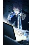 1boy bangs black_jacket blue_eyes blue_hair btmr_game can chair drooling energy_drink hair_between_eyes highres hypnosis_mic id_card indoors jacket kannonzaka_doppo keyboard_(computer) lanyard long_sleeves male_focus monitor multicolored_hair necktie open_mouth red_bull redhead signature sitting solo sweat 