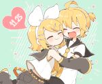  1boy 1girl arm_warmers bangs black_collar black_shorts blonde_hair bow brother_and_sister cheek-to-cheek closed_eyes collar date_pun dated good_twins_day grey_collar grey_shorts grey_sleeves hair_bow hair_ornament hairband hairclip hug kagamine_len kagamine_rin mutual_hug najo necktie number_pun open_mouth sailor_collar school_uniform shirt short_hair short_ponytail short_sleeves shorts siblings smile sparkle spiky_hair swept_bangs twins twitter_username vocaloid white_bow white_shirt yellow_neckwear 
