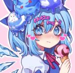  1girl blue_eyes blue_hair blush cirno food hair_ornament heart holding holding_food ice ice_cream ice_cream_cone ice_wings kyouda_suzuka looking_at_viewer melting neck_ribbon outline pink_background portrait ribbon solo sprinkles touhou white_outline wings 