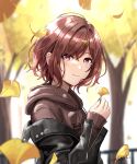  1girl autumn_leaves blurry blurry_background brown_eyes brown_hair commentary_request ginkgo_leaf hair_ornament hairclip highres higuchi_madoka holding holding_leaf hood hoodie idolmaster idolmaster_shiny_colors jacket junshiki leaf looking_at_viewer mole_on_cheek short_hair signature solo tree 
