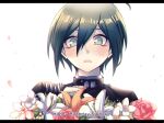  1boy bangs black_hair black_jacket blush bouquet character_name commentary_request criis-chan dangan_ronpa face flower grey_eyes hair_between_eyes happy_birthday jacket letterboxed looking_at_viewer male_focus new_dangan_ronpa_v3 open_mouth petals saihara_shuuichi simple_background solo striped_jacket subtitled watermark web_address white_background white_flower 