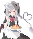  1girl animal_ear_fluff animal_ears apron bangs bat_hair_ornament black_dress black_wings blush bow brown_legwear cat_ears closed_mouth commentary_request demon_girl demon_tail demon_wings dress eyebrows_visible_through_hair food frilled_apron frills hair_between_eyes hair_ornament hand_up heart heart_tail holding holding_spoon kamu_(geeenius) long_hair looking_at_viewer low_wings maid maid_headdress omurice one_side_up original pantyhose plate puffy_short_sleeves puffy_sleeves red_bow red_eyes short_sleeves silver_hair simple_background smile solo spoon tail tail_bow tail_ornament very_long_hair white_apron white_background white_bow wings x_x 