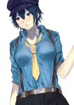  1girl absurdres blue_eyes blue_hair blue_headwear blue_shirt blush breasts hair_between_eyes hat highres large_breasts misaki_nonaka necktie persona persona_4 shirogane_naoto shirt short_hair simple_background solo suspenders yellow_neckwear 