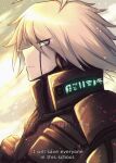  1boy ahoge android armor artist_name bangs blue_eyes closed_mouth criis-chan dangan_ronpa english_text from_side grey_eyes keebo male_focus new_dangan_ronpa_v3 pale_skin profile short_hair solo spoilers subtitled upper_body watermark web_address white_hair 