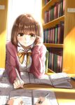  1girl bangs blush book bookshelf brown_eyes brown_hair cardigan commentary_request elbows_on_table eyebrows_visible_through_hair glasses hand_in_hair highres holding holding_pen indoors library light_smile long_sleeves looking_at_viewer neck_ribbon open_book open_cardigan open_clothes original pen pink_cardigan pov_across_table ribbon school_uniform shiny shiny_hair shirt short_hair signature solo soragane_(banisinngurei) white_shirt window yellow_neckwear 