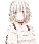  1girl bangs blush breasts choker green_eyes hiro_(hirohiro31) hololive hololive_fantasy large_breasts looking_at_viewer ribbed_sweater shirogane_noel short_hair silver_hair smile solo sweater upper_body virtual_youtuber white_background 
